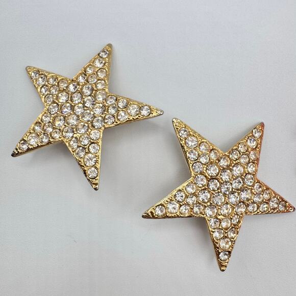 Vintage Tara Rhinestone Star Clip On Earrings Pave Huge Gold Tone Runway Signed - Picture 1 of 16